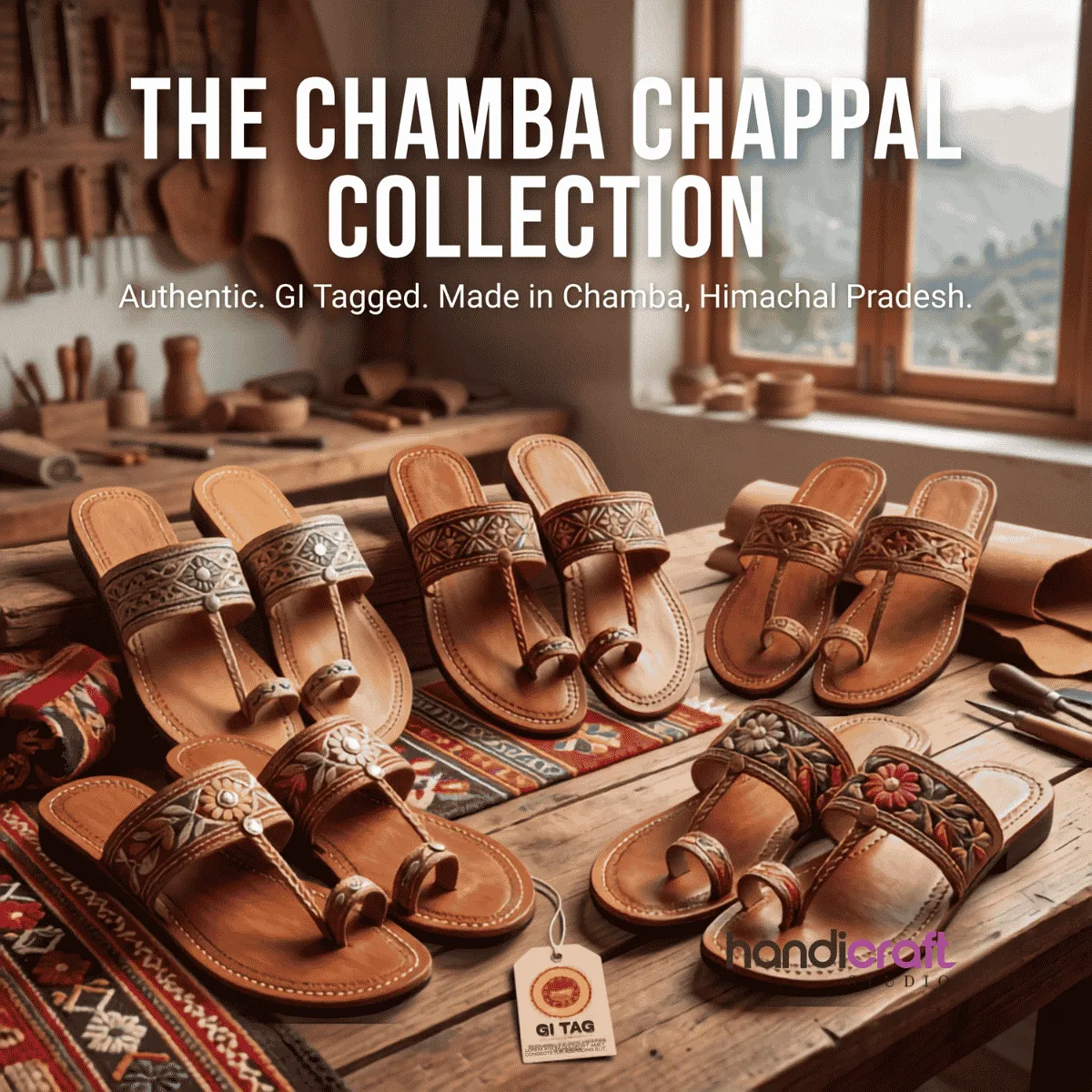 Promotional banner showcasing multiple pairs of hand-carved and floral-embroidered brown leather Chamba Chappals displayed on a wooden artisan workbench with a GI Tag label, featuring the overlay text "THE CHAMBA CHAPPAL COLLECTION - Authentic. GI Tagged. Made in Chamba, Himachal Pradesh."