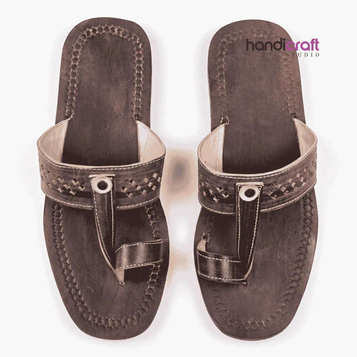 Classic dark brown genuine leather Chamba chappal for women featuring traditional toe-ring and punched strap detail.