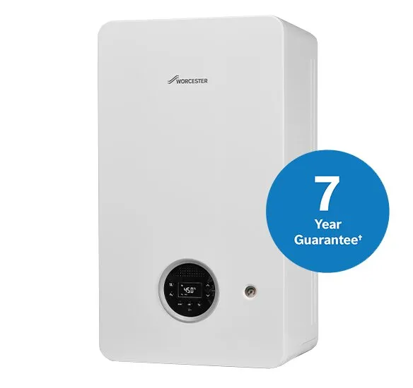 Worcester Bosch white wall-mounted boiler with digital control display and 7-year guarantee badge.