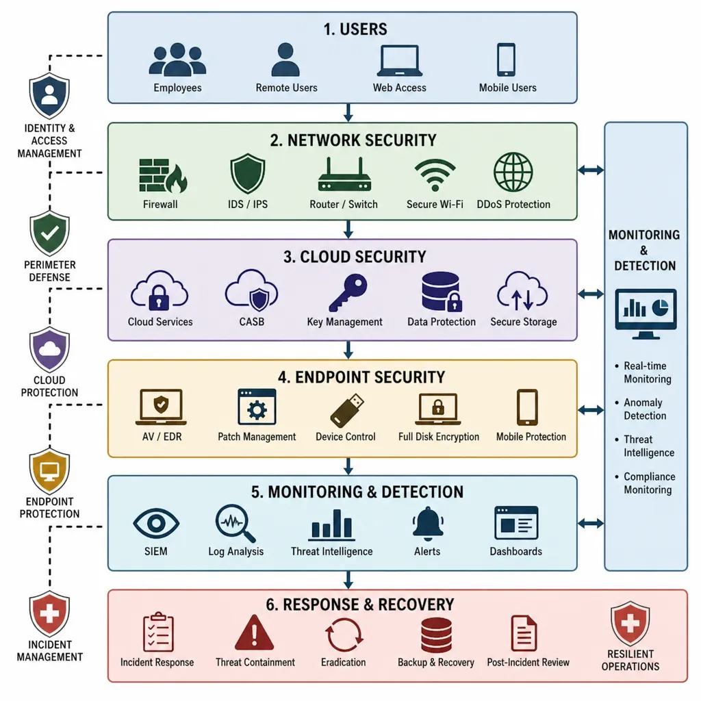 layered cybersecurity architecture diagram showing users, network, cloud, endpoints, monitoring, and response