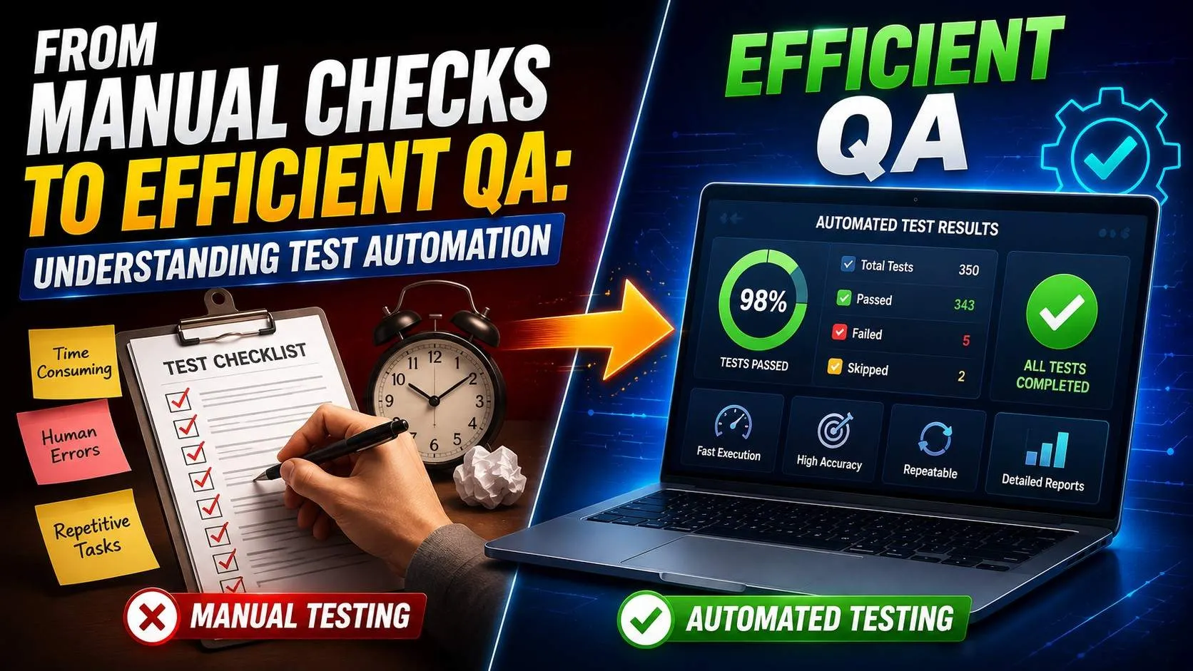 From Manual Checks to Efficient QA – Understanding Test Automation with manual testing checklist, automated test results dashboard, and software quality workflow.
