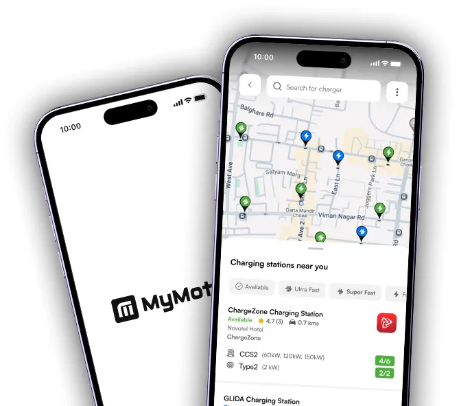 MyMotor EV charging station finder showing nearby charging stations on a map