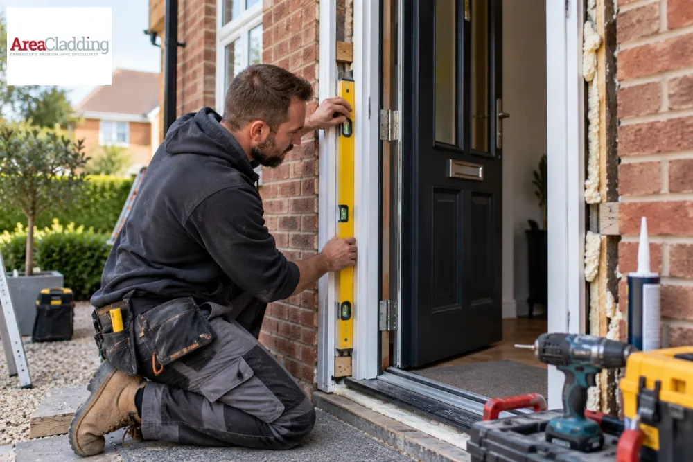 Professional installer fitting and levelling an external door frame at a Cambridgeshire home