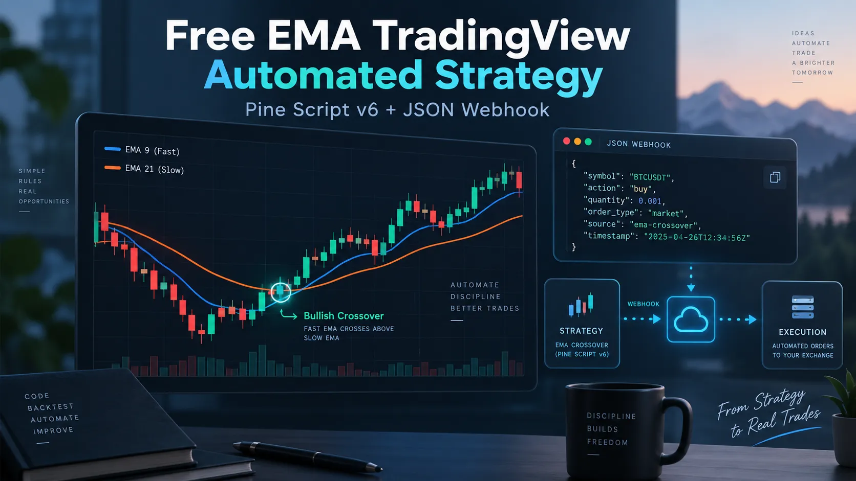 Free EMA TradingView Automated Strategy: Pine script alert json webhook message