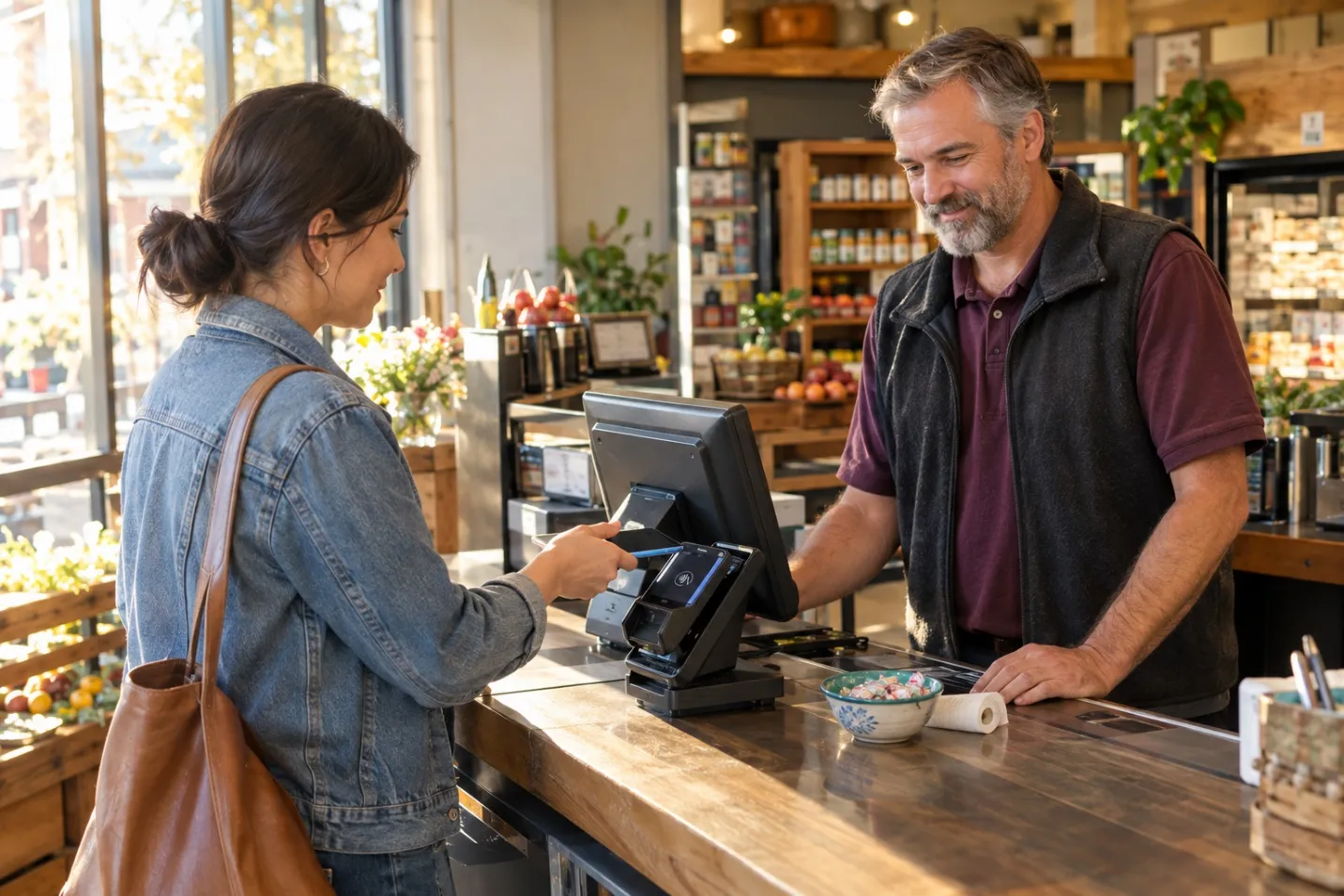 Customer paying with a mobile wallet at a contactless grocery checkout terminal