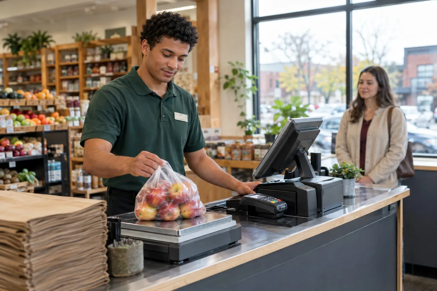 Cashier using a scale-integrated POS terminal to ring up produce at a grocery register