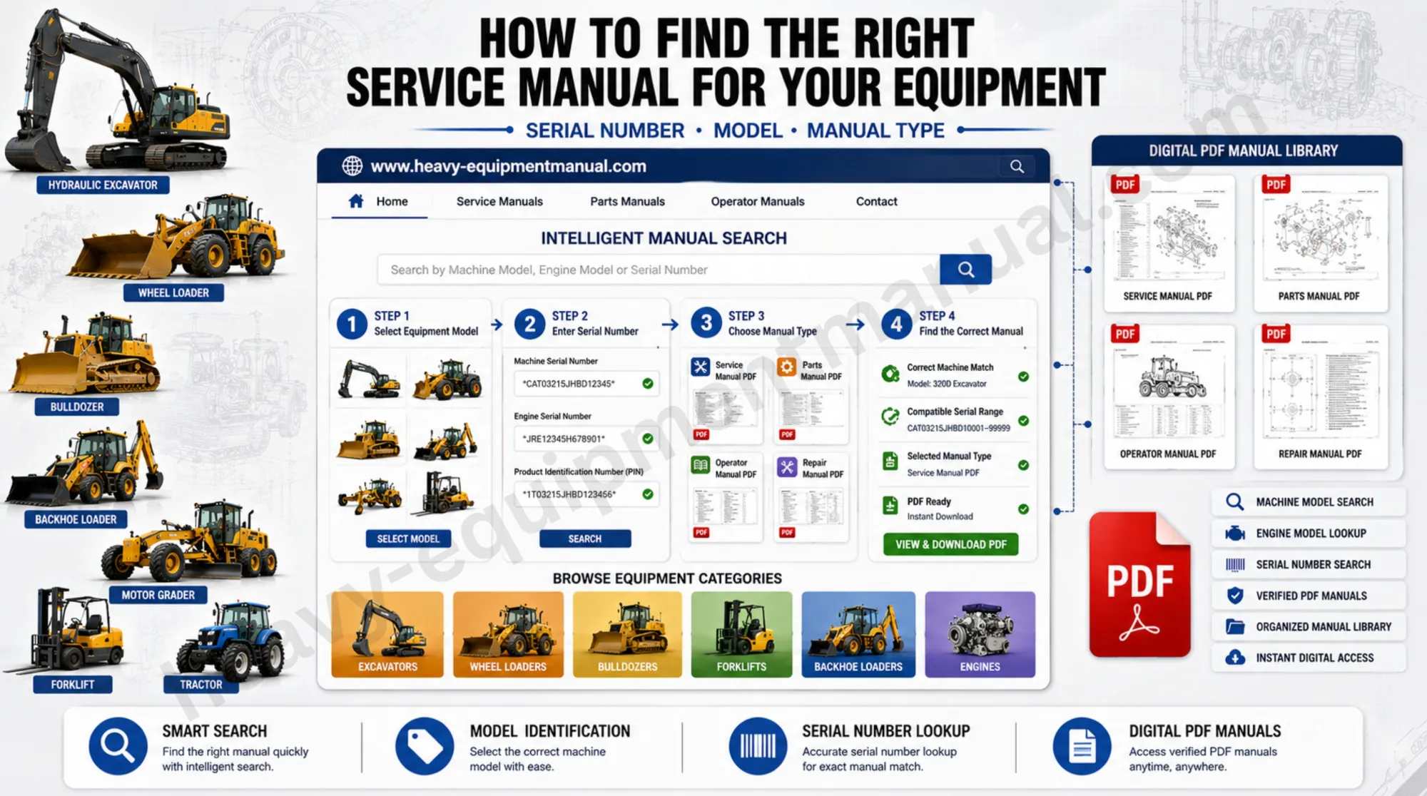 How to Find the Correct Heavy Equipment Service Manual by Model, Serial Number and Manual Type