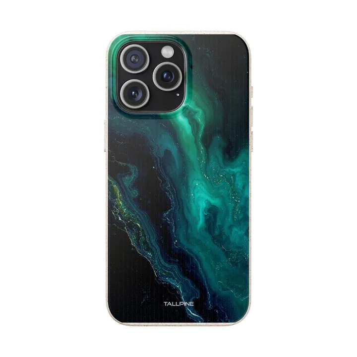 Phone case featuring sea green and dark blue hues with a shimmering finish