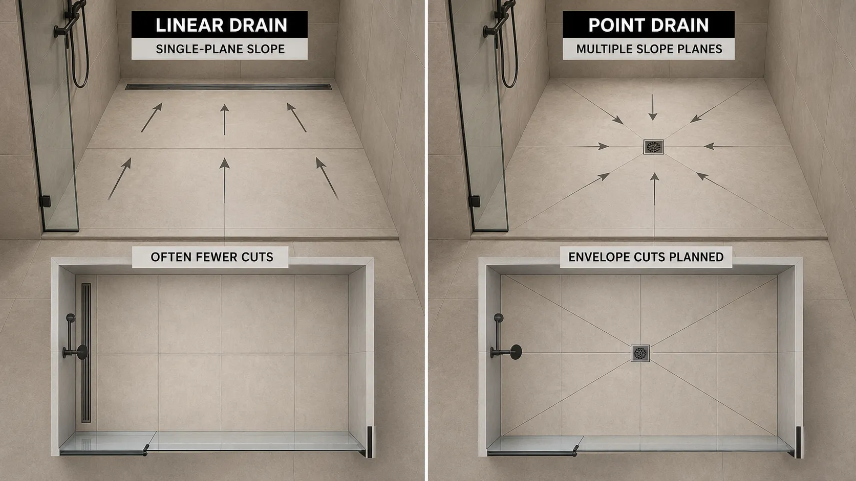 Diagram comparing a linear drain single-plane shower slope with a point drain multi-plane layout using envelope cuts.