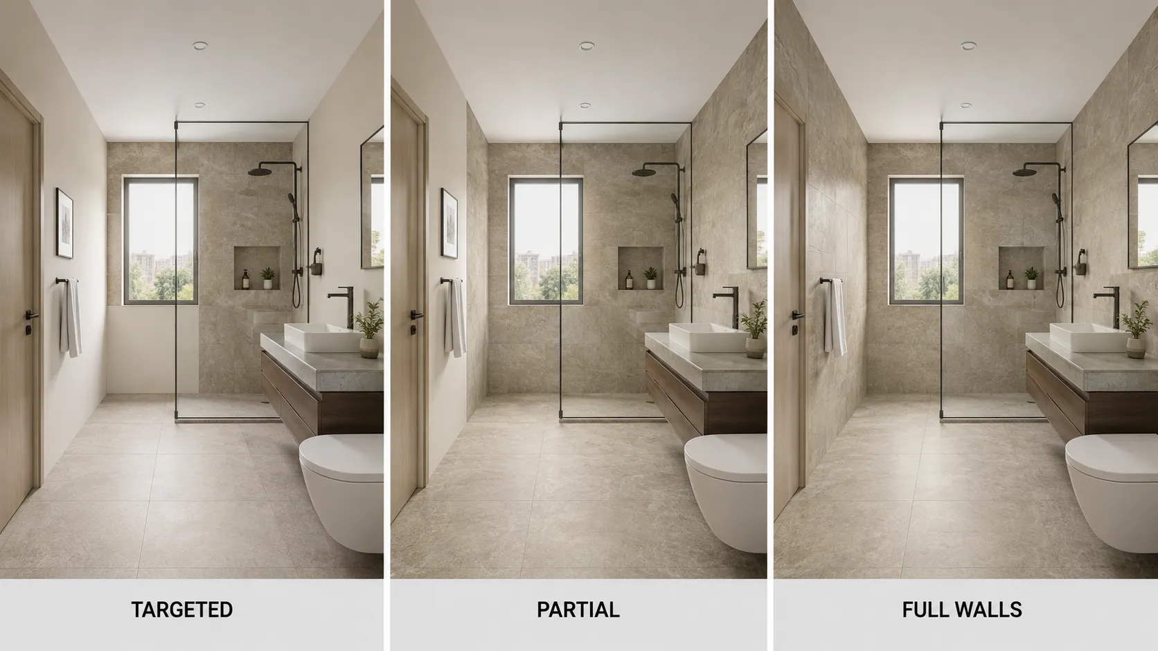 Three-panel comparison showing targeted, partial and full tile drenching in the same bathroom.