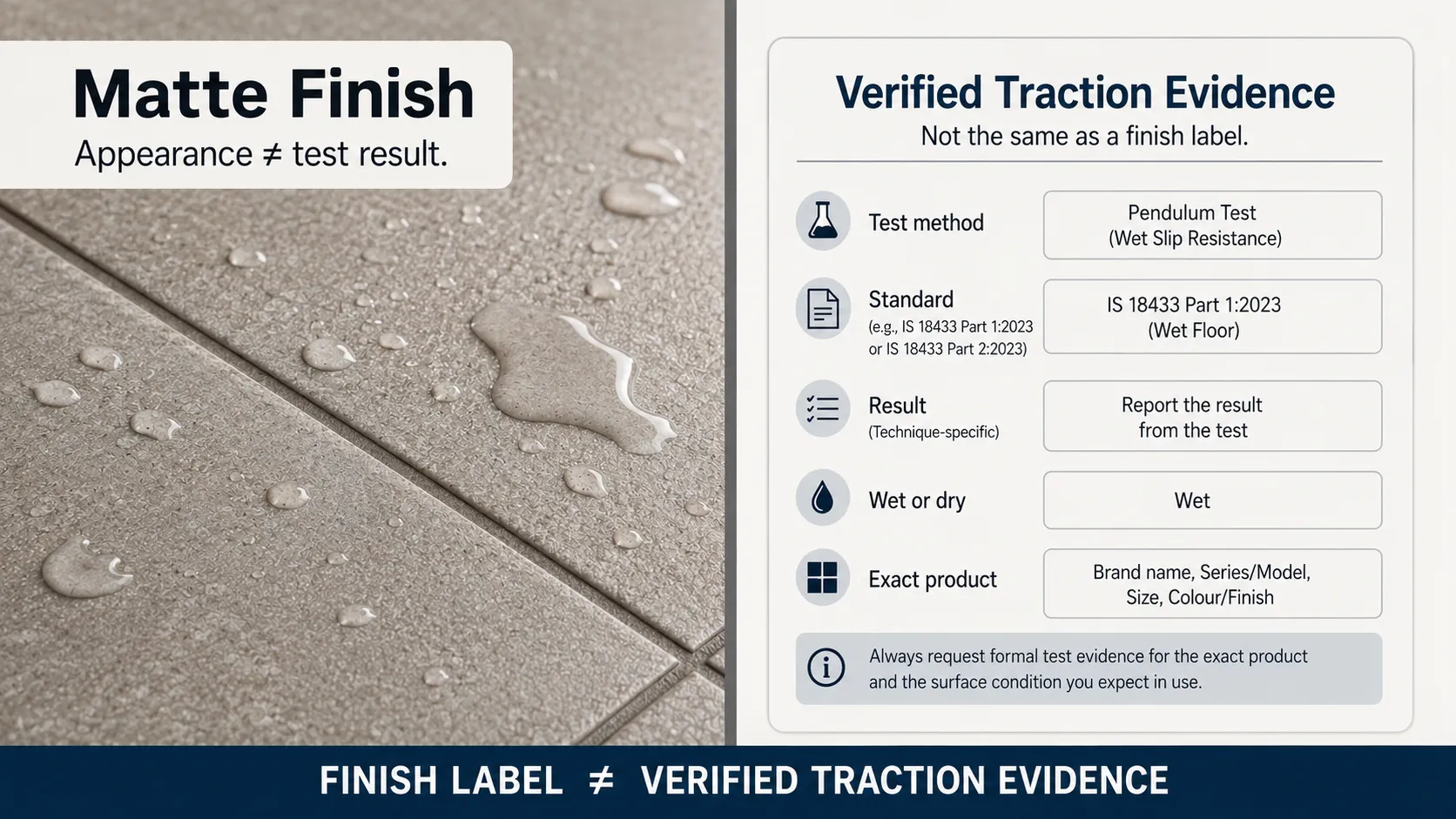 Comparison showing that a matte tile finish is visual information while wet traction requires specific test evidence.