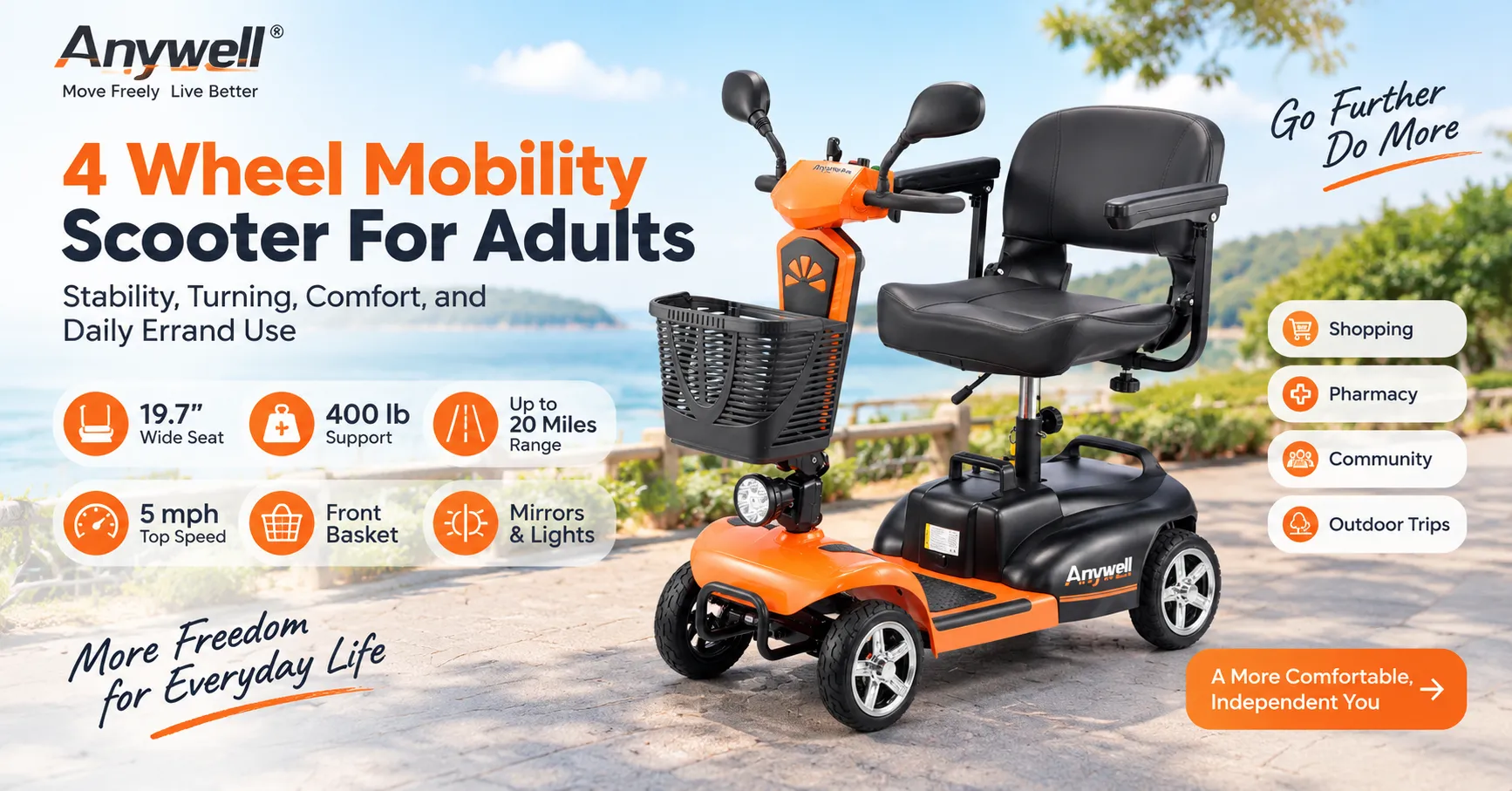 4 Wheel Mobility Scooter For Adults: Stability, Turning, Comfort, and Daily Errand Use