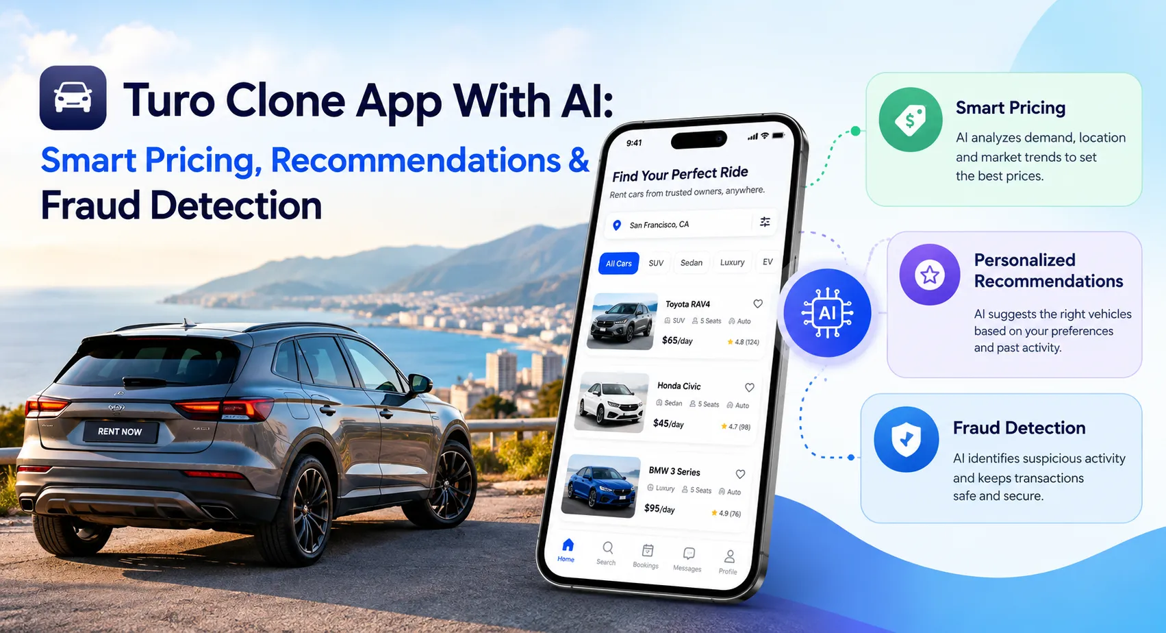 Turo Clone App With AI: Smart Pricing, Recommendations & Fraud Detection