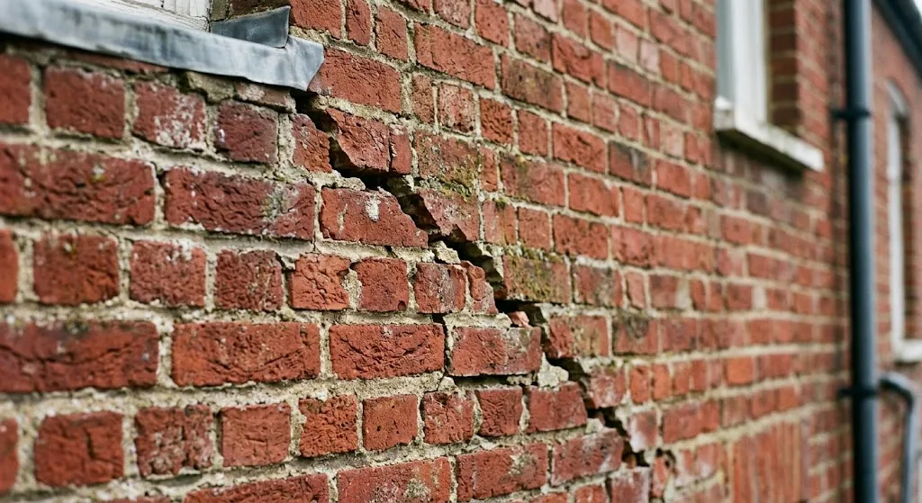 "Diagonal structural crack in a brick wall, one of the warning signs a property survey report may flag as urgent"