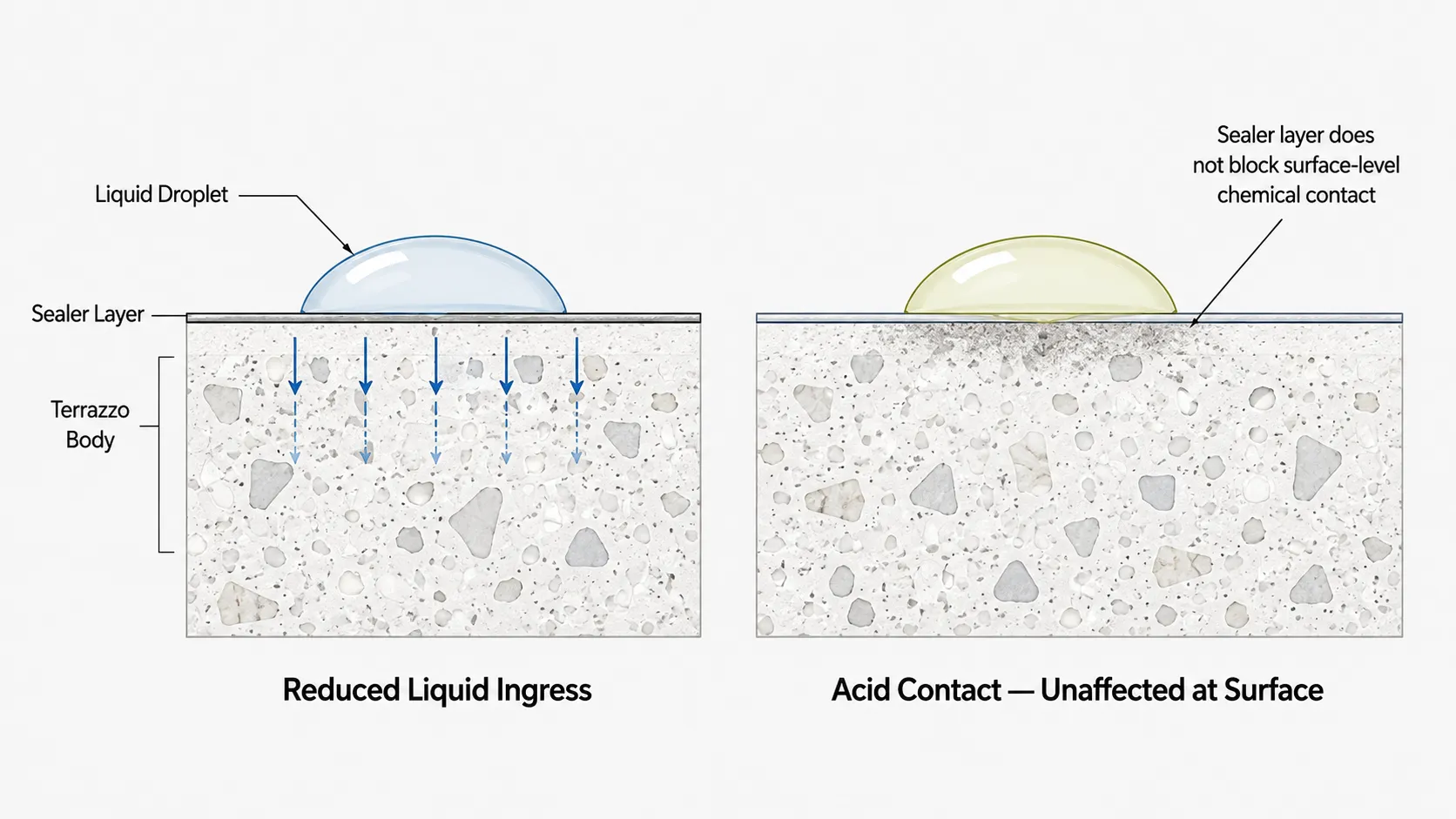 Cross-section schematic showing how a sealer reduces liquid absorption into terrazzo but does not block acid-etch contact at the surface