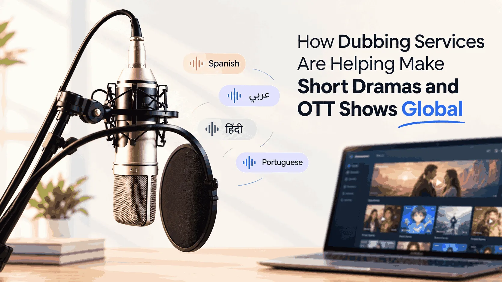 Professional microphone and pop filter beside a laptop, illustrating dubbing services for making short dramas and OTT shows global in Spanish, Arabic, Hindi, and Portuguese.