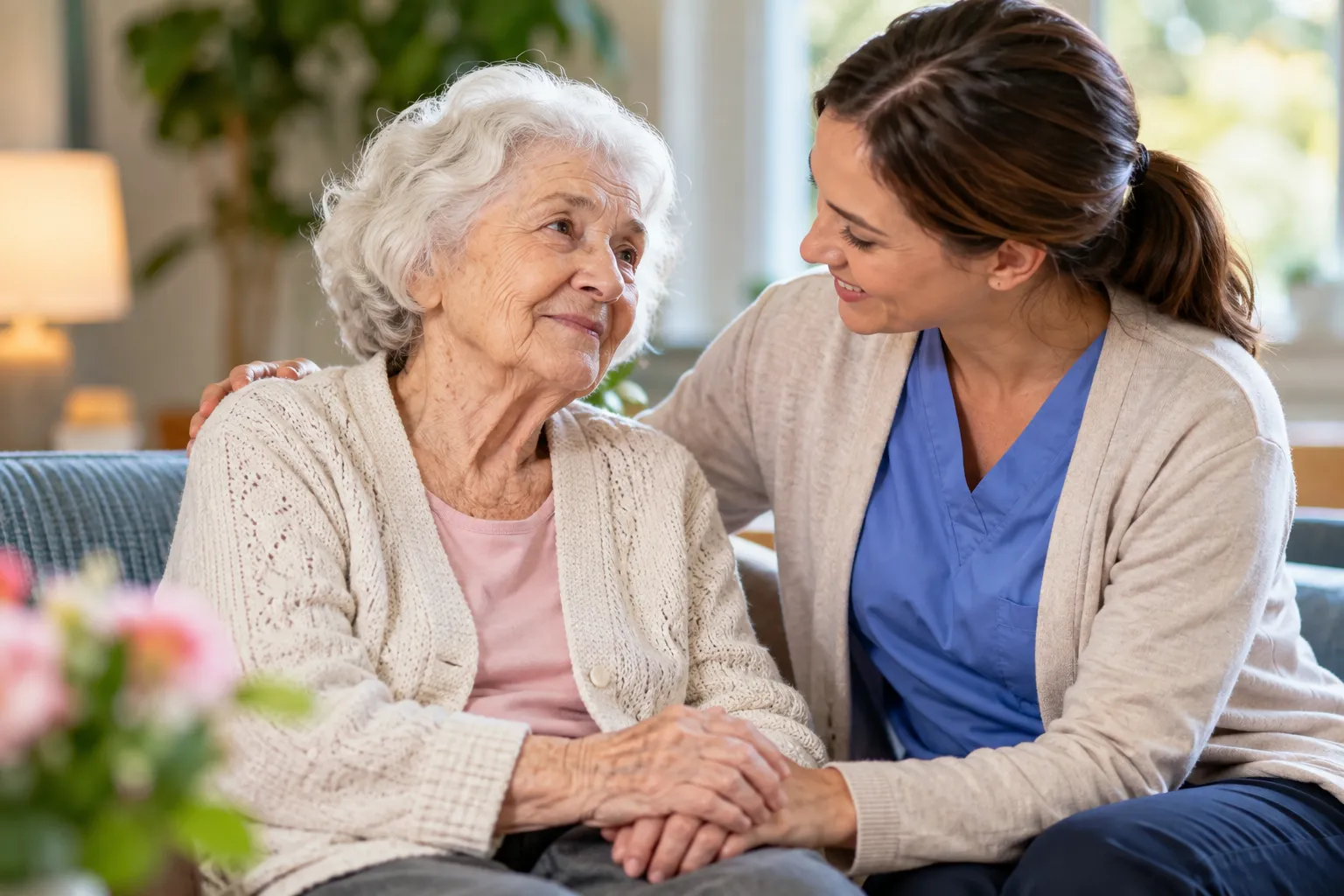 Elderly woman receiving compassionate support from a caregiver in a comfortable senior care setting.