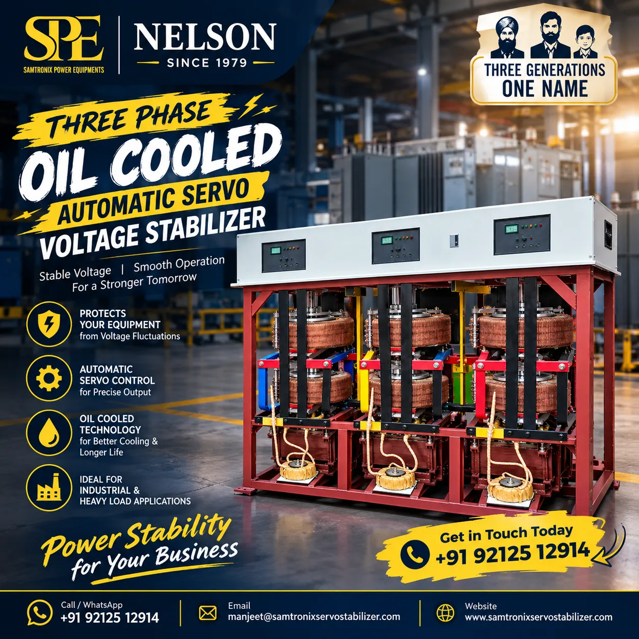 Three Phase Oil Cooled Automatic Servo Voltage Stabilizer for Industrial Machines and Heavy Loads