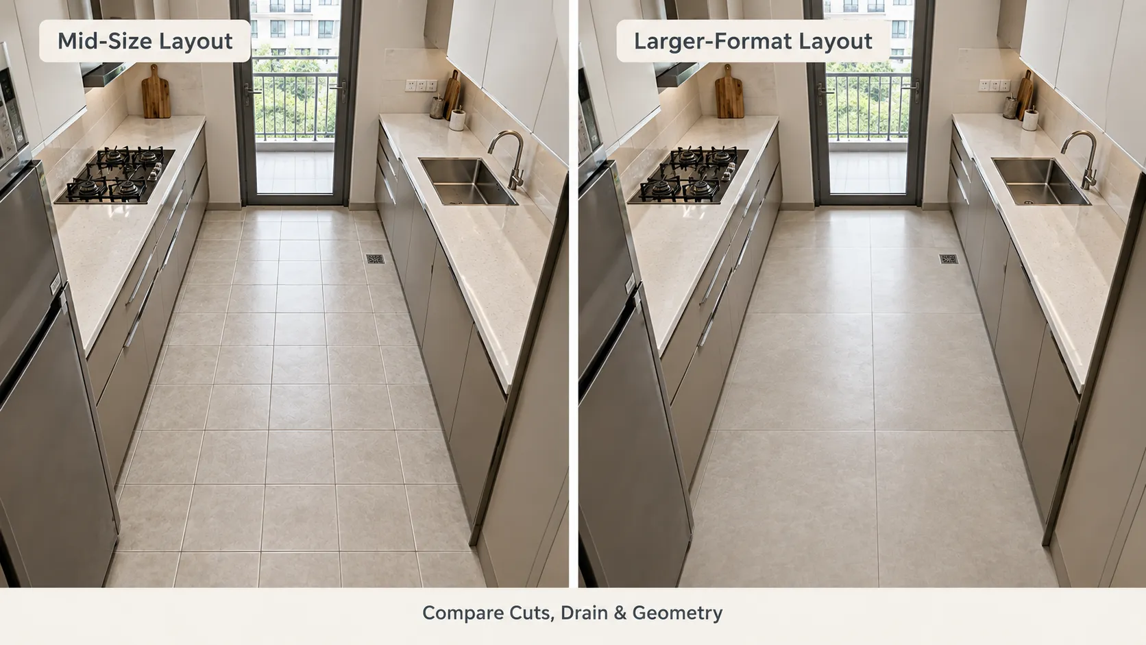 Same compact Indian kitchen floor compared with mid-size and larger tile layouts to show cuts and room geometry.