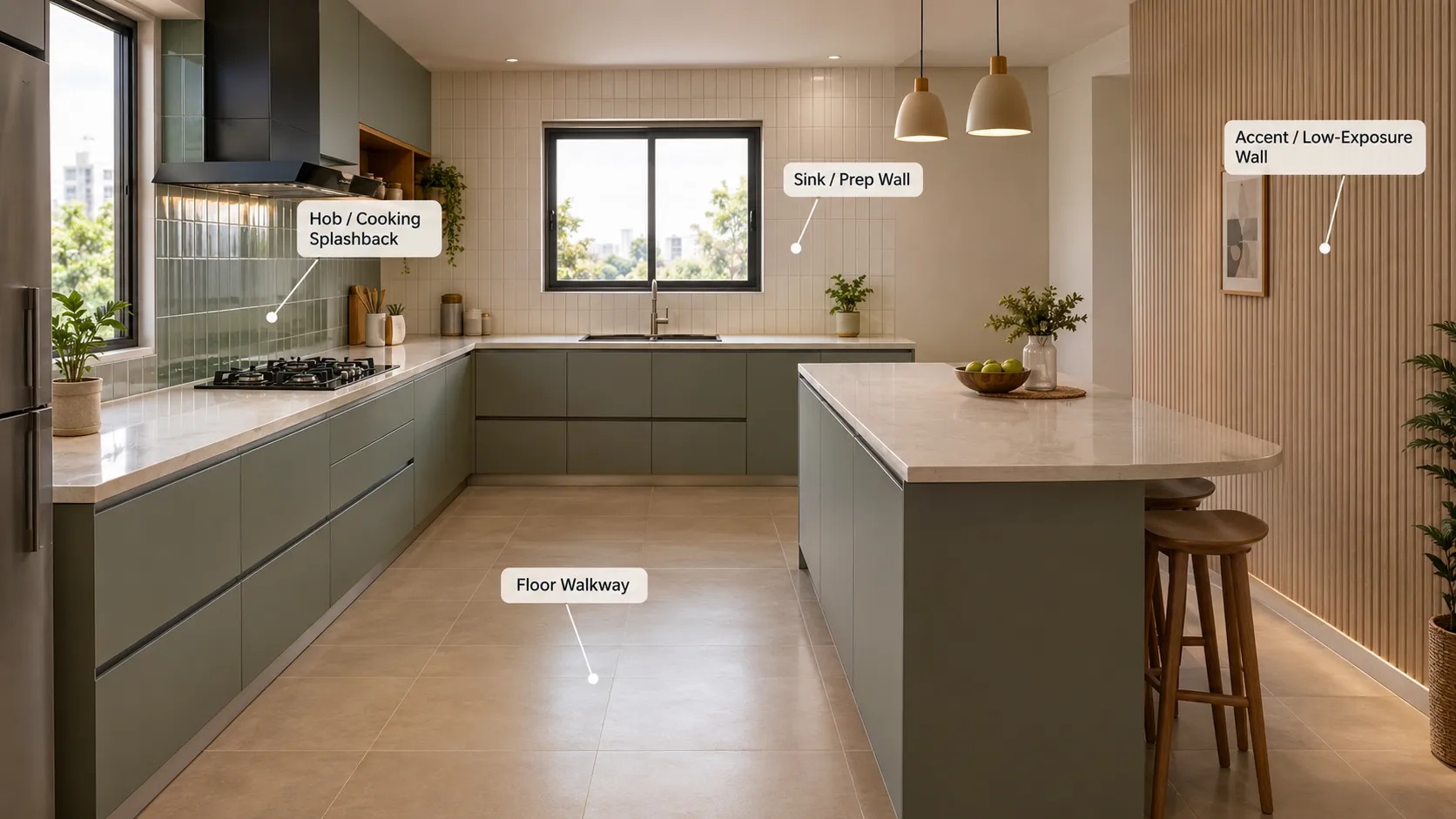 Indian kitchen annotated with floor walkway, hob splashback, sink prep wall and accent wall zones.