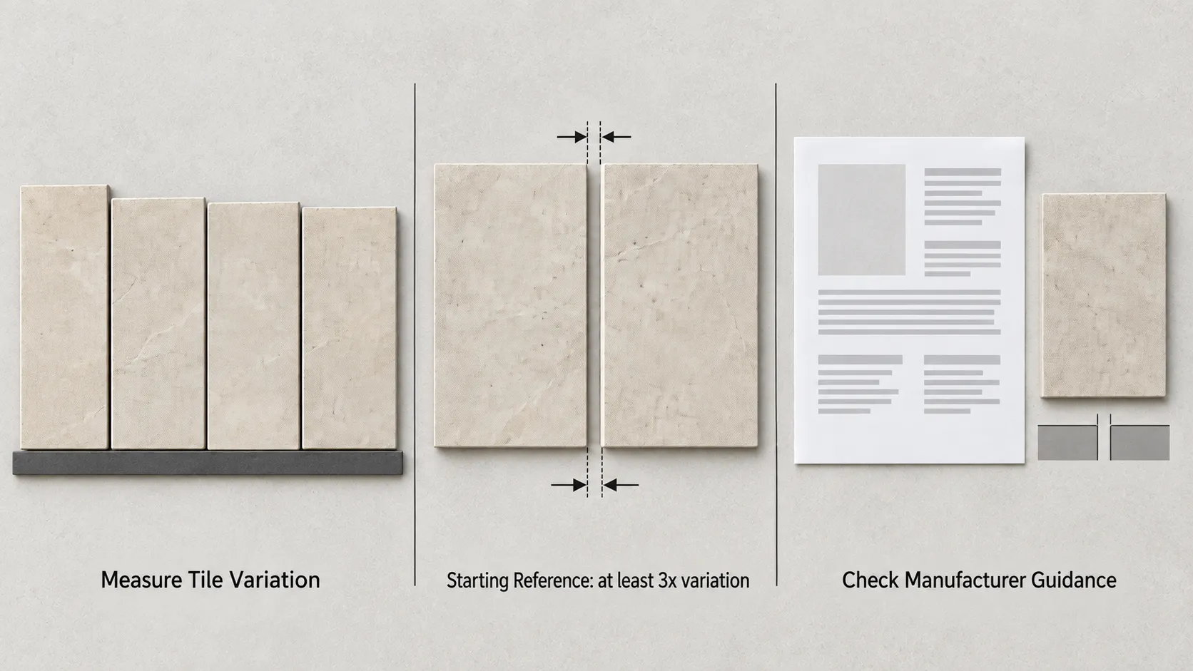 Technical diagram showing facial size variation between tiles and how measured variation informs grout-joint planning.