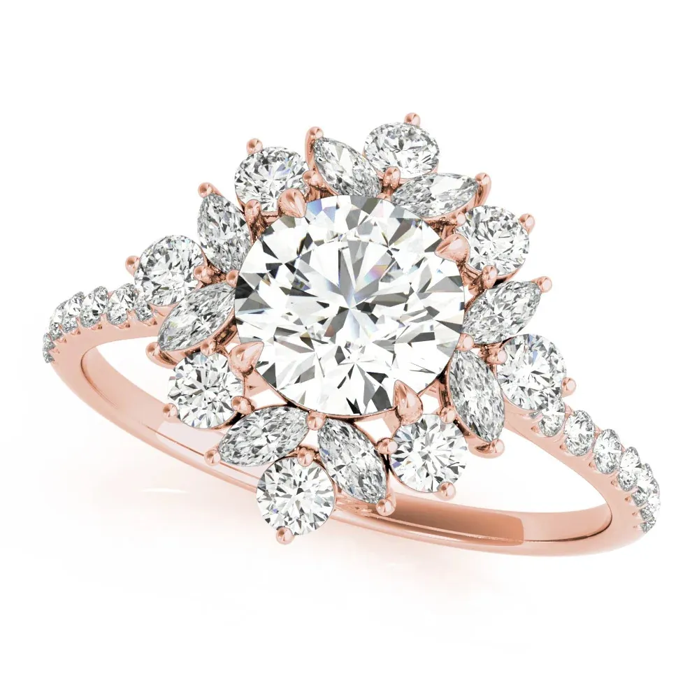 Blooming Beauty: The Rose Gold Round Halo Diamond Floral Cluster Ring with Pavé Band and Prong Setting