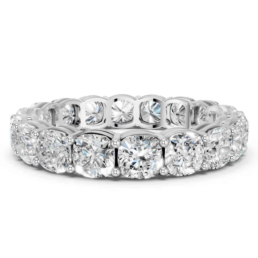 White Gold Cushion Cut Diamond Eternity Band with Shared Prong Setting: Romance in a Pillow Shape