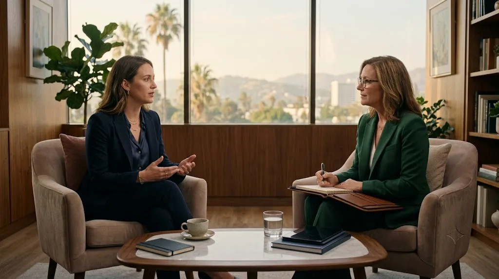 A private, professional matchmaking consultation between a female client in her late 30s and an experienced matchmaker in a sophisticated Los Angeles office overlooking the city.