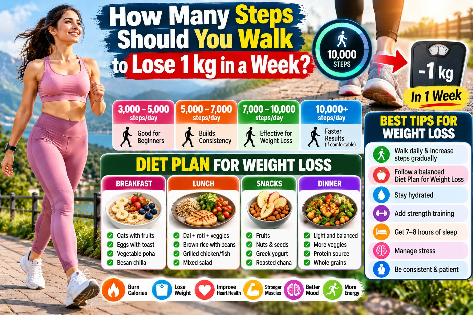 How many steps should you walk to lose 1 kg in a week