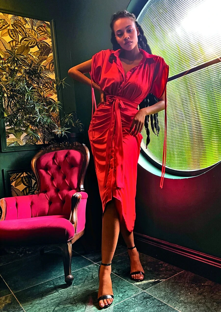 Red Ruched Shirt Dress: Bold Style with Elegance