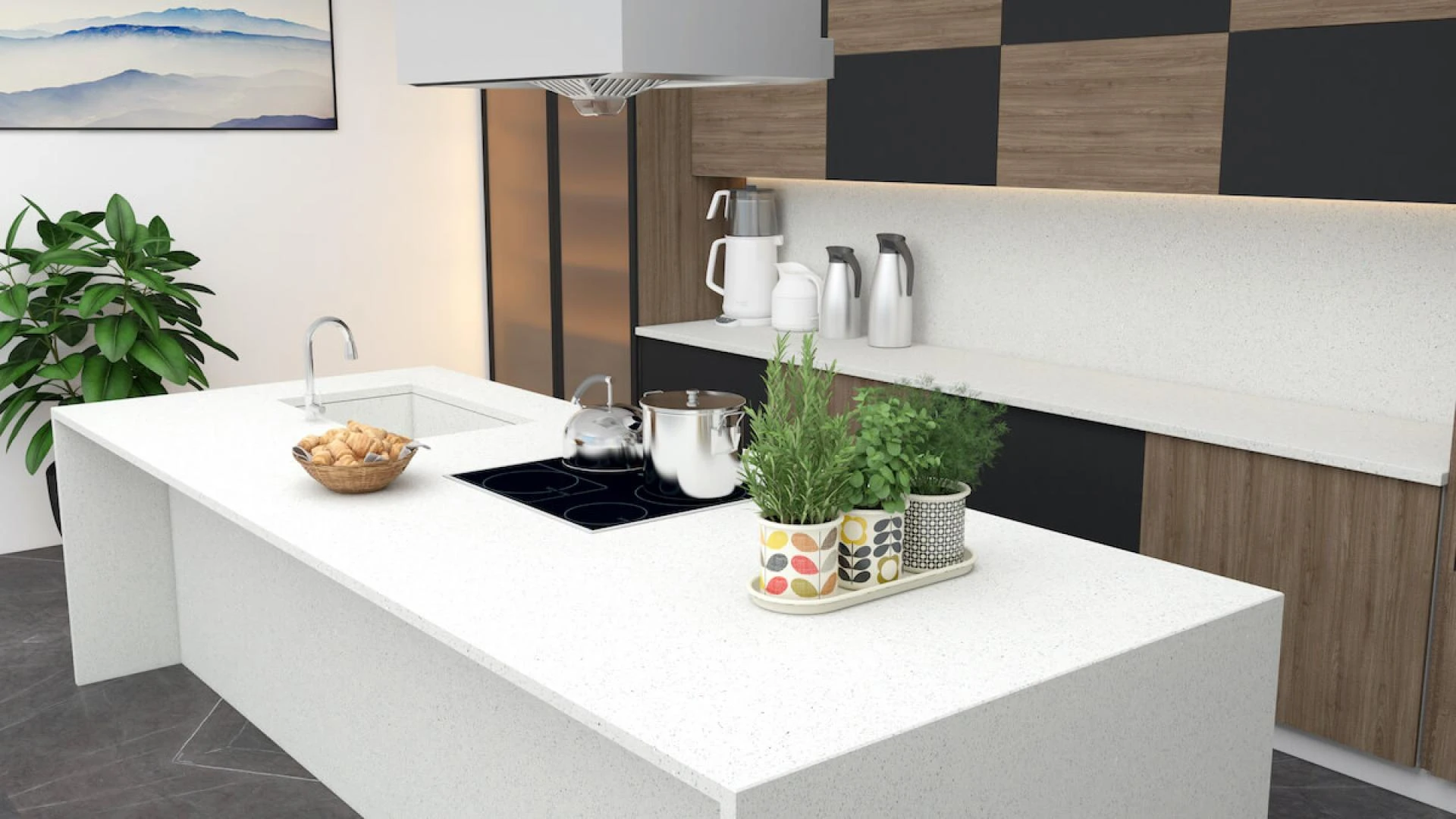 White quartz kitchen worktops &amp; countertops: Fugen Stone