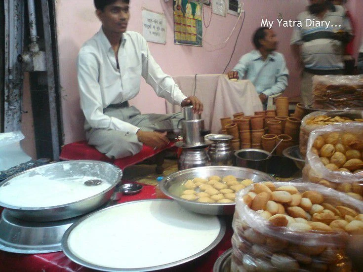 A food chaat shop in Vrindavan serving lassi, pani puri, etc