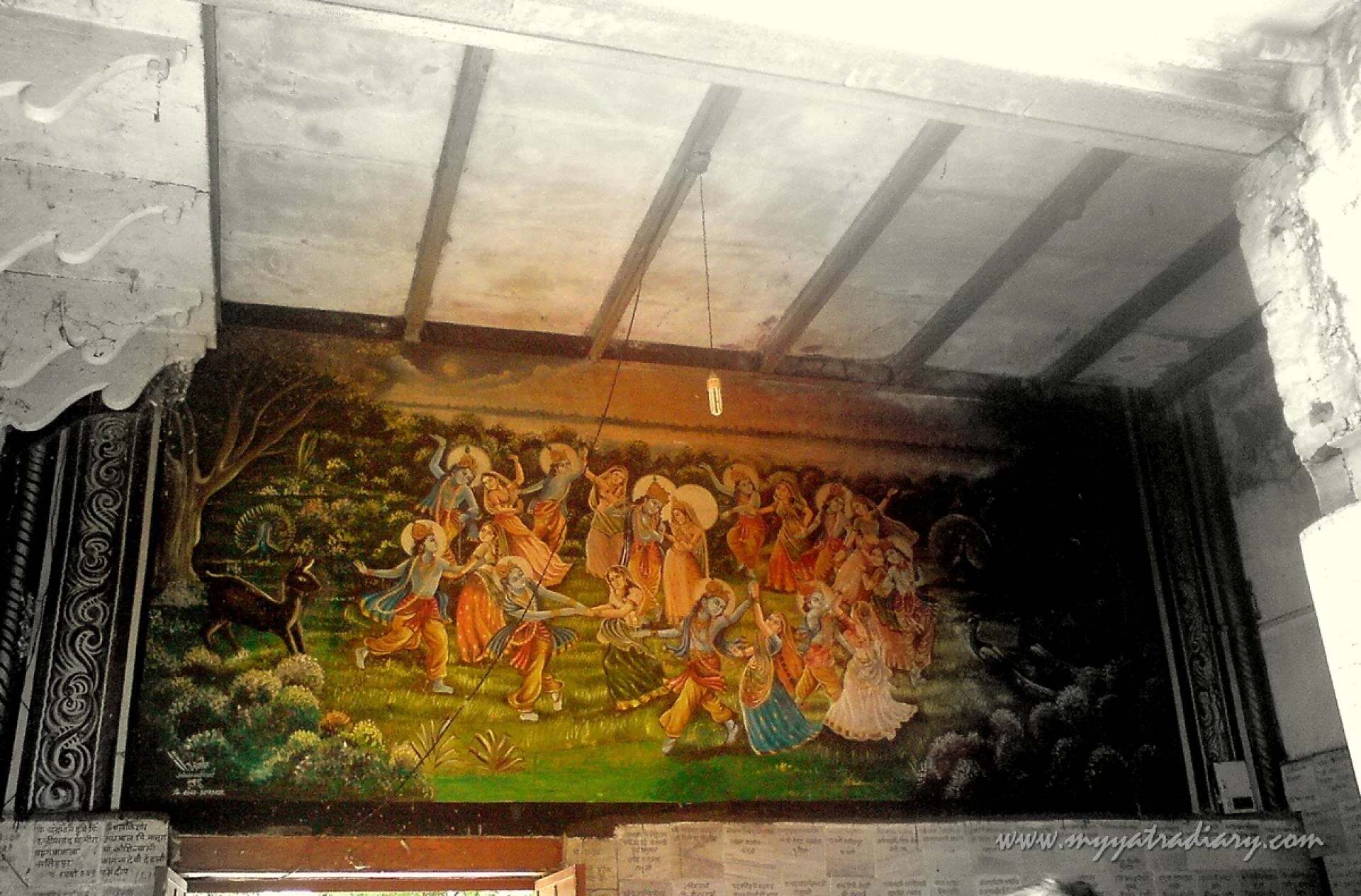 A painting adorns the walls at Chaurasi Khamba Temple, Old Gokul Mahavan