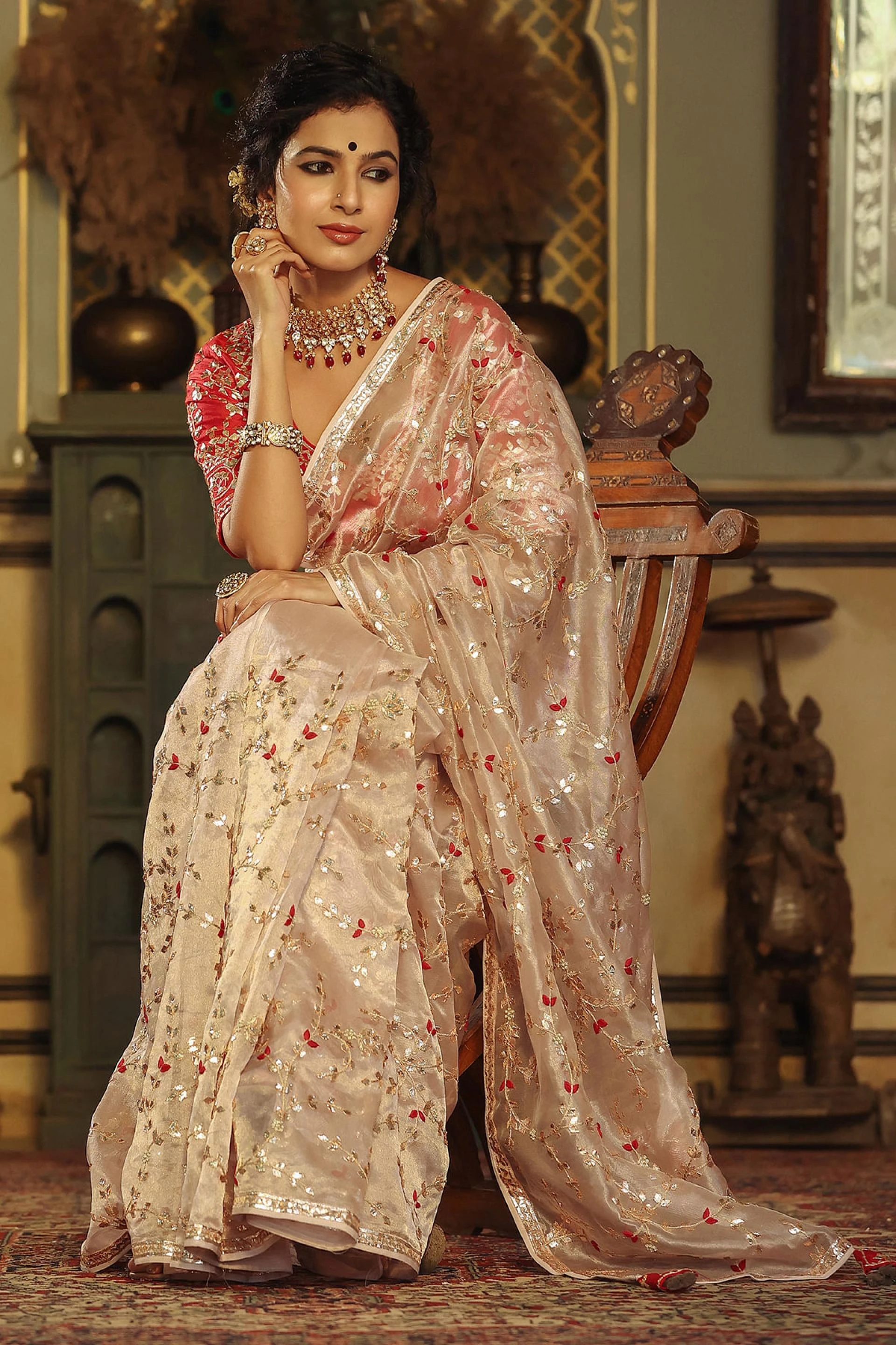Gold Gota Embroidered Tissue Organza Saree