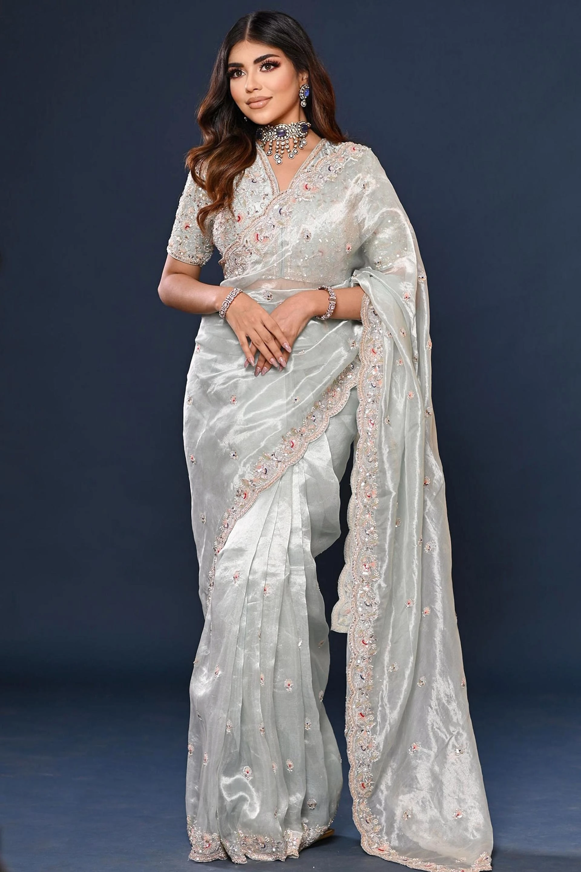 Glamorous Vijayshree Kalburgi in Samyakk\'s Mint Blue & Gold Dual Tone Sequins Embroidered Tissue Organza Saree