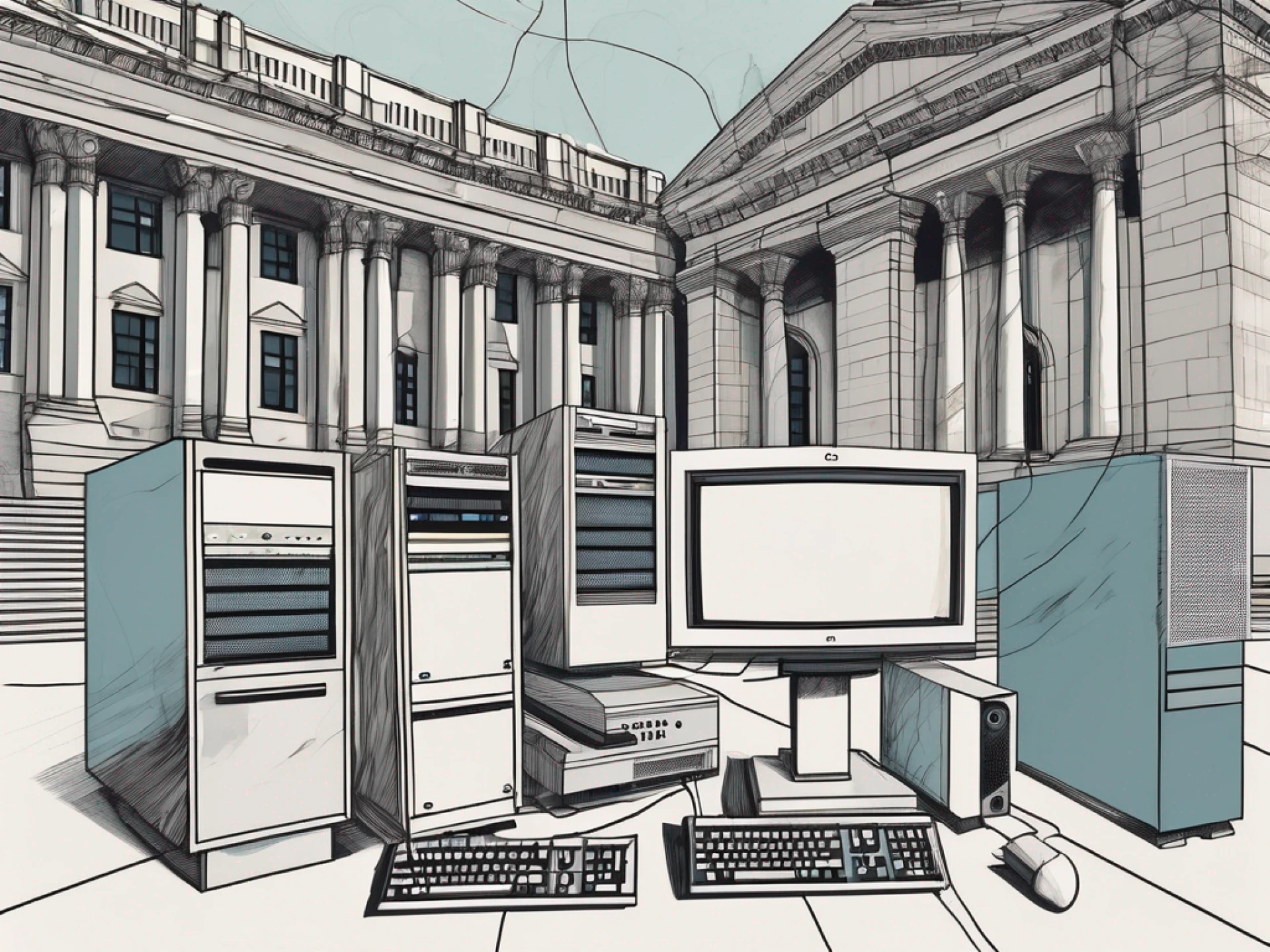 various IT equipment like computers, servers, and cables in disarray, with a backdrop of Albany\'s notable landmarks like the New York State Capitol and the Egg, hand-drawn abstract illustration for a company blog, white background, professional, minimalist, clean lines, faded colors