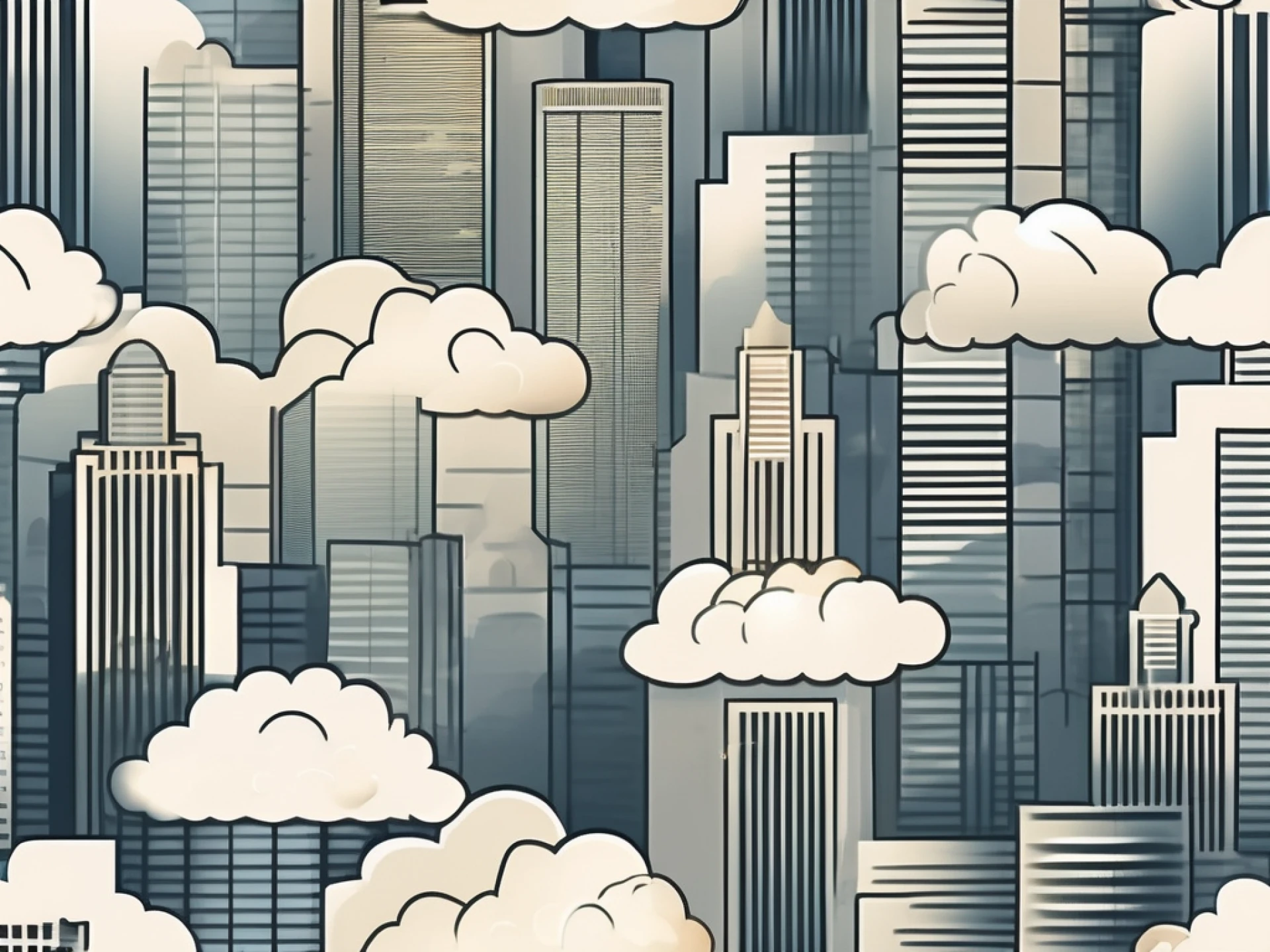 clouds shaped like dollar signs and coins, hovering over a simplified, stylized cityscape of skyscrapers, to represent the financial sector, hand-drawn abstract illustration for a company blog, white background, professional, minimalist, clean lines, faded colors
