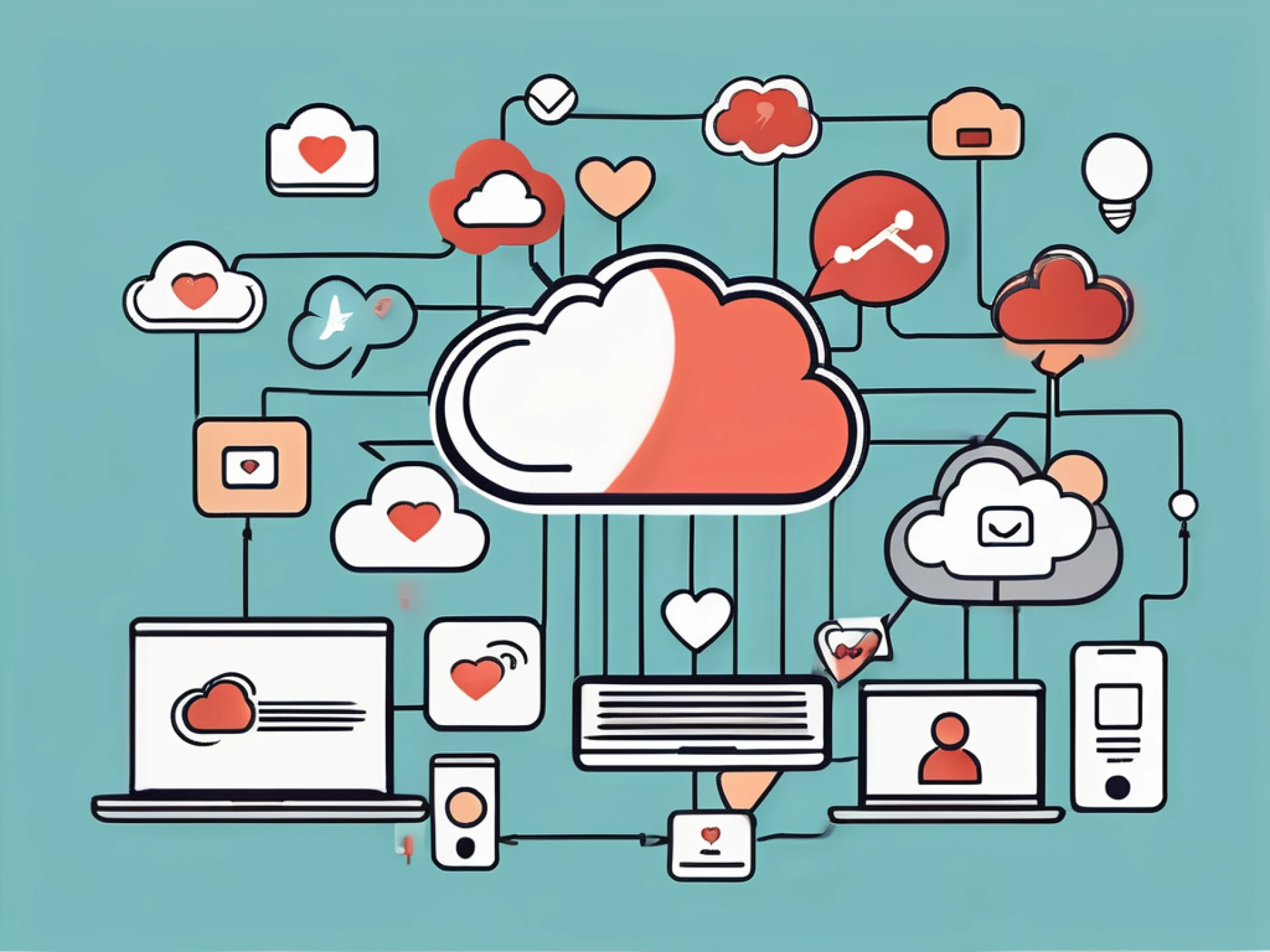 a cloud symbol connected to various CRM-related icons like a phone, chat bubble, and a heart, depicting the integration of cloud computing in improving CRM, hand-drawn abstract illustration for a company blog, white background, professional, minimalist, clean lines, faded colors