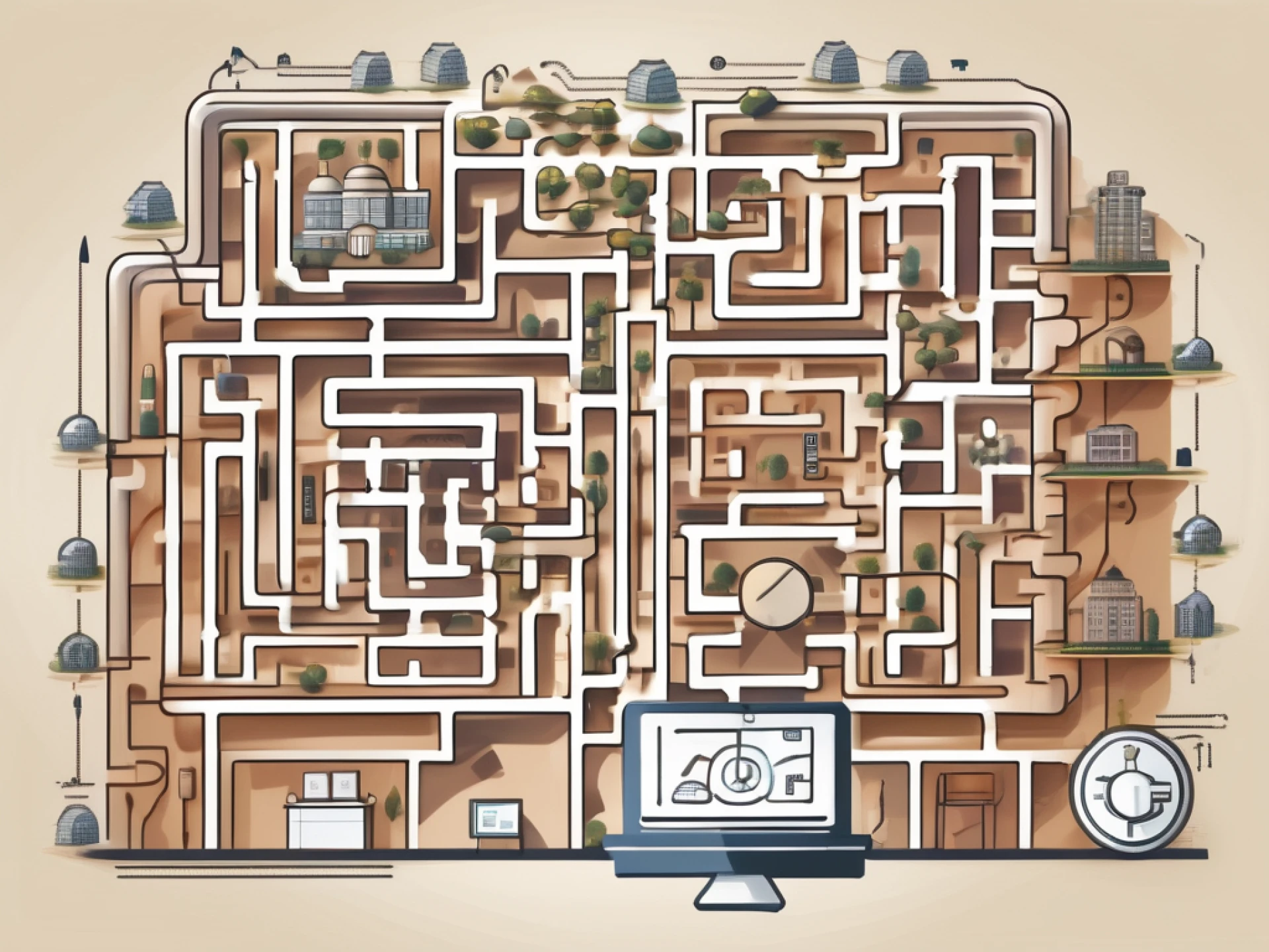 a maze in the shape of a computer, symbolizing IT challenges, with various hospitality icons like a hotel, restaurant, and room service trolley at different points in the maze, and a guiding compass on top, representing managed IT services, hand-drawn abstract illustration for a company blog, white background, professional, minimalist, clean lines, faded colors