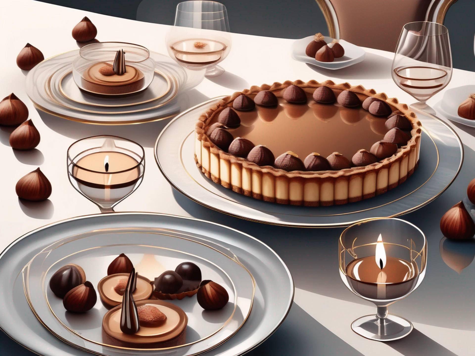 an elegant dining table adorned with various chestnut desserts like a chestnut tart, chestnut mousse, and candied chestnuts, beautifully garnished, with soft, ambient candlelight reflecting off crystal glassware, hand-drawn abstract illustration for a company blog, white background, professional, minimalist, clean lines, faded colors