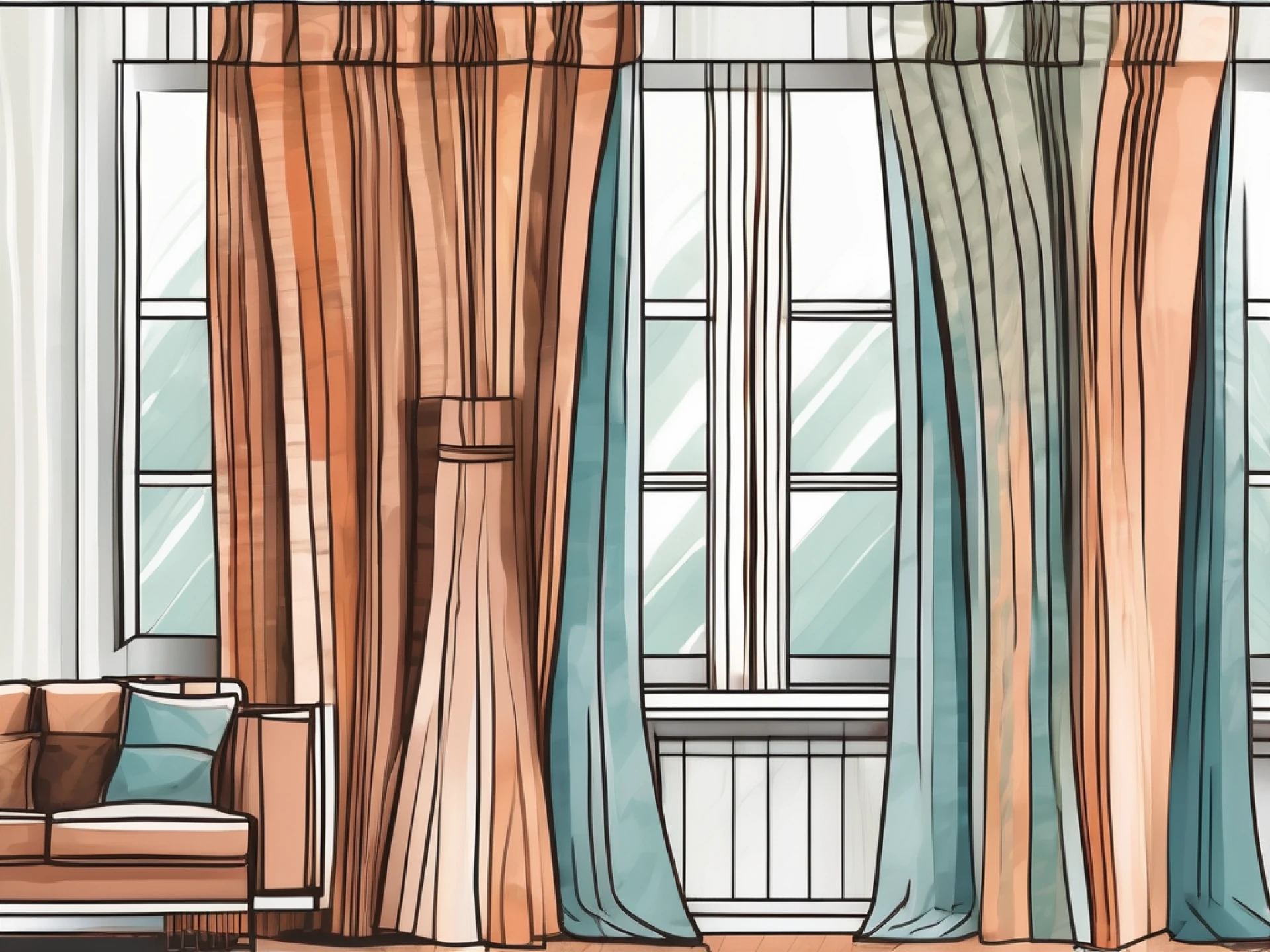 a variety of window treatments such as curtains, drapes, blinds, and valances, emphasizing on different textures, patterns, and colors to create a visually appealing scene, hand-drawn abstract illustration for a company blog, white background, professional, minimalist, clean lines, faded colors