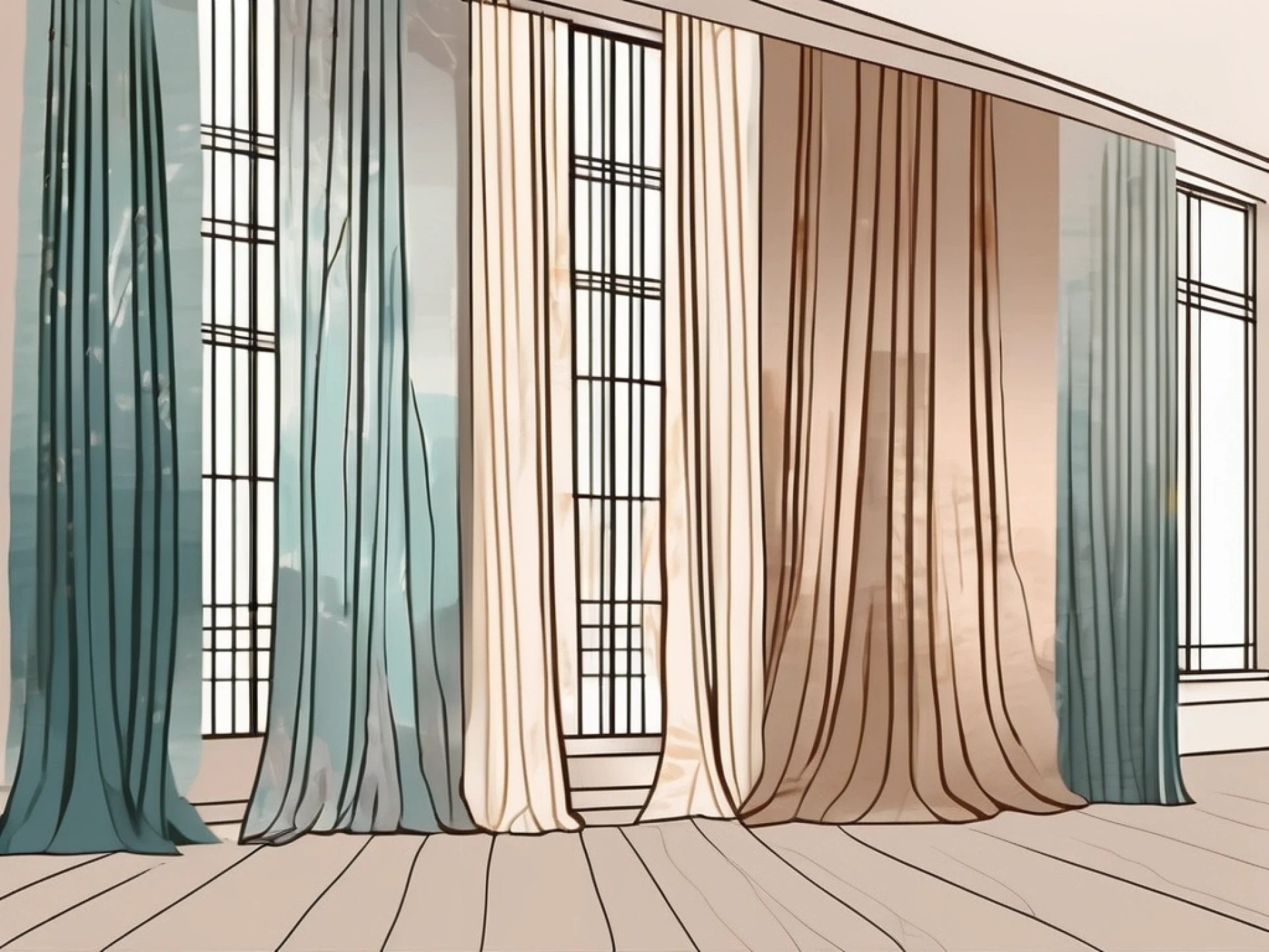 various elegant and unique curtain designs adorning the windows of different styled rooms, showcasing a variety of patterns, colors, and materials, hand-drawn abstract illustration for a company blog, white background, professional, minimalist, clean lines, faded colors