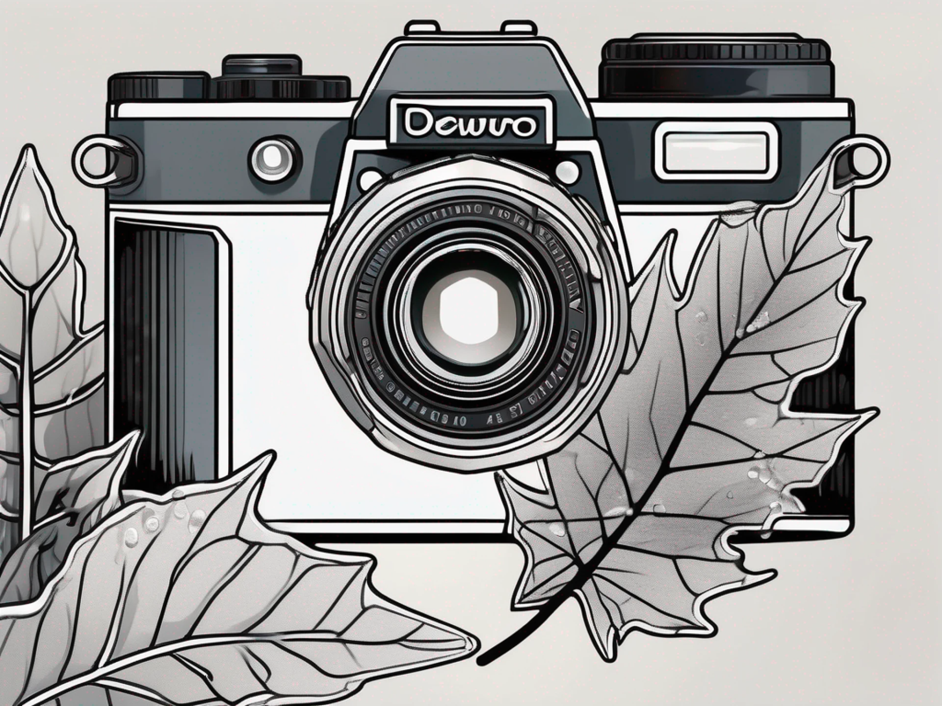 a camera focused on a small subject like a dewdrop on a leaf or an insect, highlighting the intricate details that can be captured through macro photography, hand-drawn abstract illustration for a company blog, white background, professional, minimalist, clean lines, faded colors