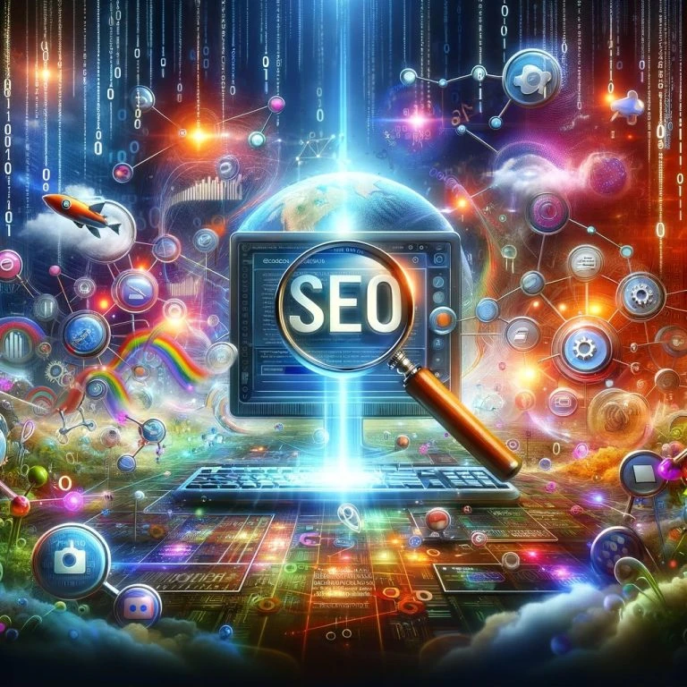 DALL·E 2024-02-27 15.46.54 - Create a vibrant and detailed image that represents the concept of digital marketing and SEO (Search Engine Optimization). The scene includes a large,