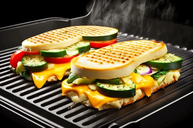 Slices of bread with cheese and vegetables on griddle on grill created with generative ai