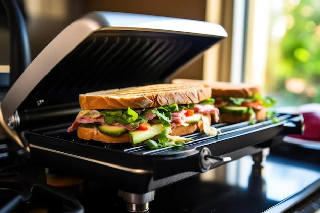 Side view of sandwich under a hot iron press on stove