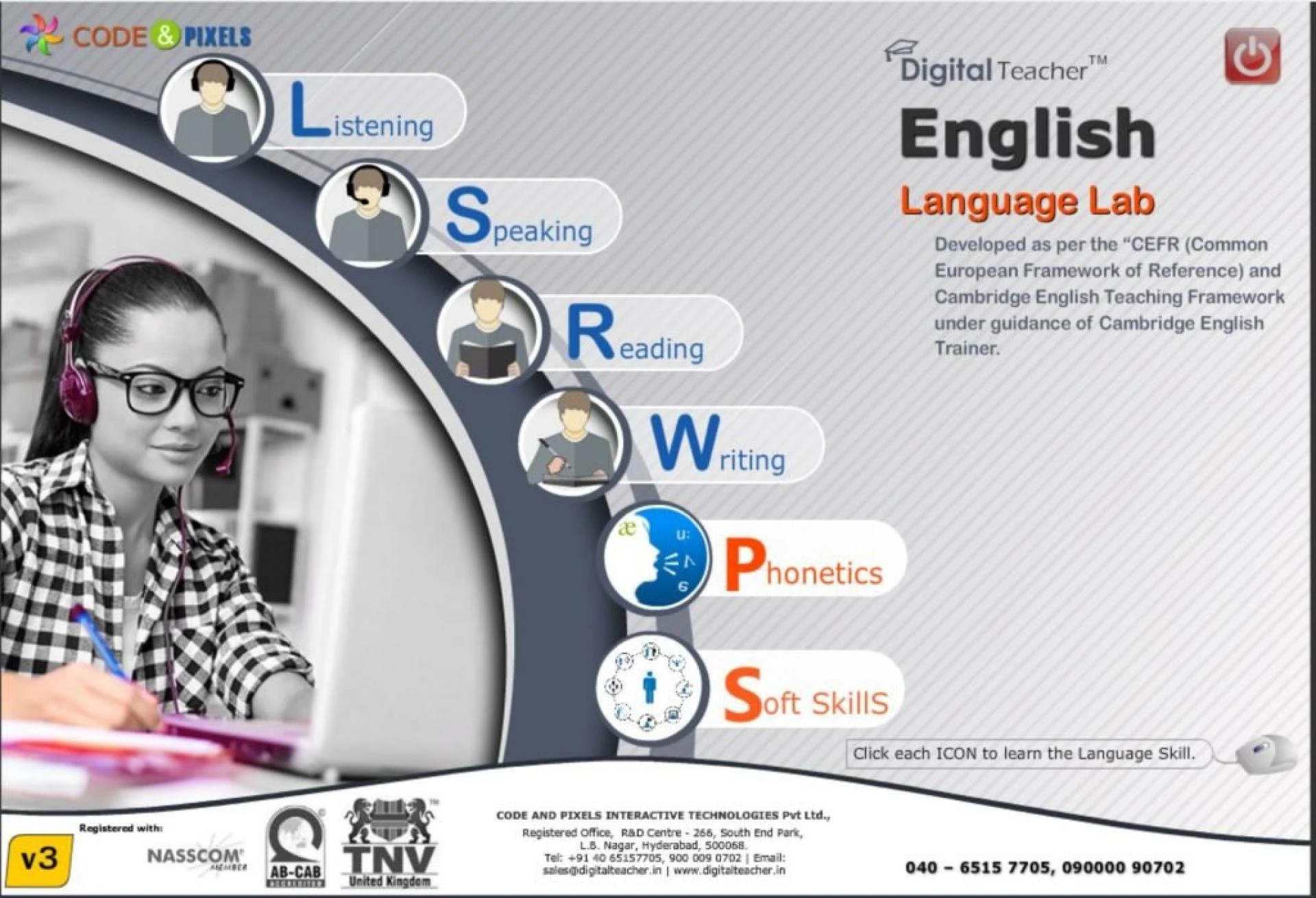 A Girl Exploring Digital Teacher English language lab software, Feature LSRW