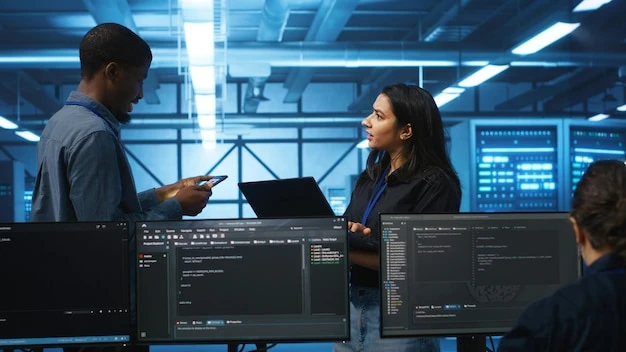 Multiethnic coworkers checking data center bottlenecks leading to glitches