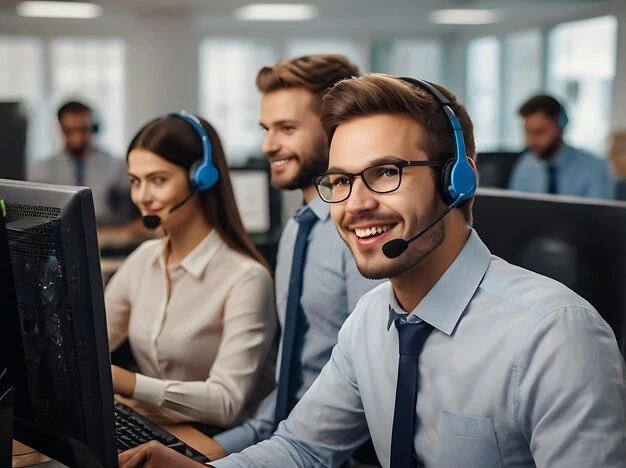 Portrait of young man working at customer service center