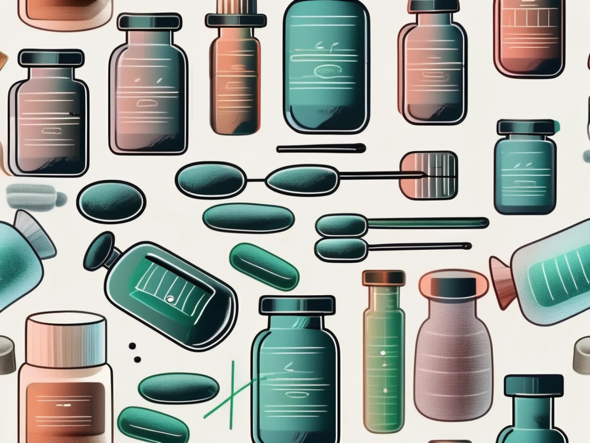a variety of unique medicine bottles and pills, a mortar and pestle, and a pharmacy counter, all symbolizing specialty compounded medications, hand-drawn abstract illustration for a company blog, white background, professional, minimalist, clean lines, faded colors